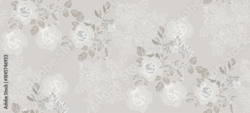 Flowers and leaves roses in vintage style, seamless pattern.	