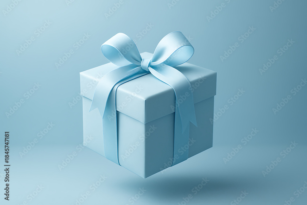 Obraz premium Pale blue square gift box with light blue satin ribbon and bow floating on a solid background mockup