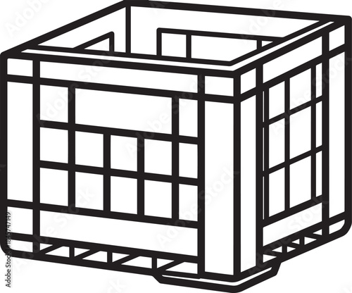 Empty plastic crate or basket outline vector, black lines on transparent background graphic