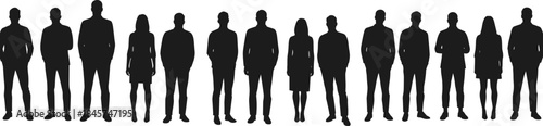 Silhouette of diverse group of people, men and women standing in a line, business team concept, teamwork unity, isolated on white background