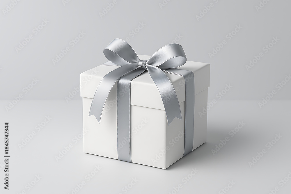 Obraz premium Clean white square gift box with a beautiful silver ribbon bow centered on a bright light gray studio background simple luxury mockup