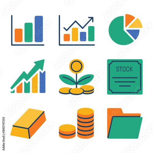 Stock market growth and investment planning icon set with upward charts plant coins documents flat vector illustration collection