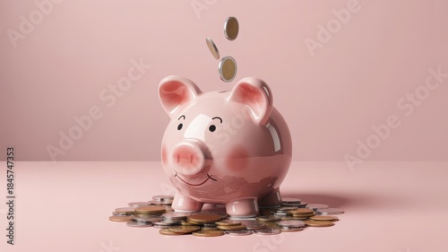A cute pink piggy bank with coins falling into it, surrounded by a pile of coins on a pink surface.