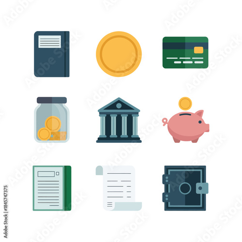 Financial institution and money storage icon set with bank building piggy bank vault documents flat vector illustration