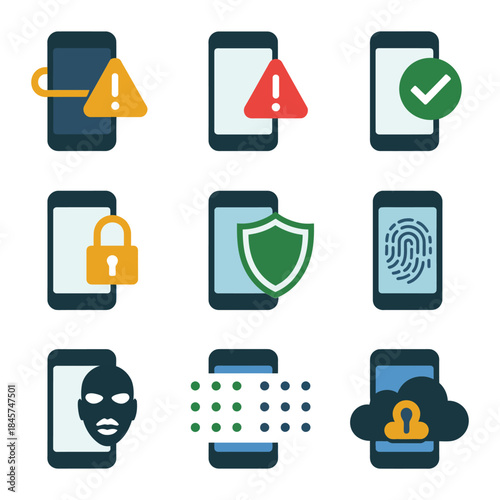 Mobile privacy protection and data safety icon collection with fingerprint shield lock warning symbols flat vector illustration