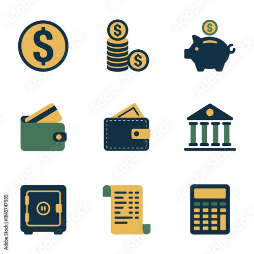Digital money management and banking services icon collection with wallets cards safes documents piggy bank flat vector illustration