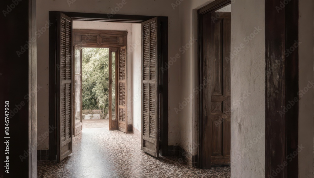 Obraz premium Interior hallway with open doors leading to a balcony and lush greenery outside.