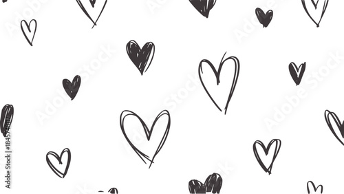 Black and white hand drawn heart pattern seamless texture