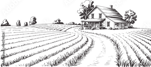 Black and white hand drawn of a farmhouse with plowed fields