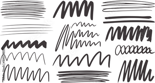Collection of hand drawn black ink lines and waves white