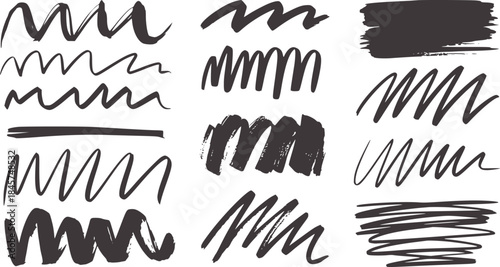 Collection of hand drawn black ink wavy lines and strokes