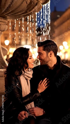 Young couple romance by fountain in evening city lights love date cozy embrace smiling woman leaning on man under warm glow