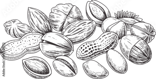 Detailed hand drawn black and white almonds nuts shells