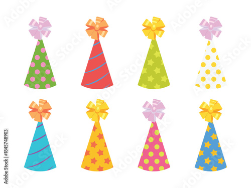 Happy new year and birthday party elements. Vector set of funny cone hats with large ribbons isolated on white background