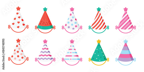 Colorful party caps collection with various patterns. Birthday hats with hearts, stripes, dots and watermelon design vector illustration