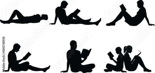 Silhouette collection of people reading books in various poses, diverse reading habits, relaxing, sitting, lying, isolated figures, black and white vector illustration