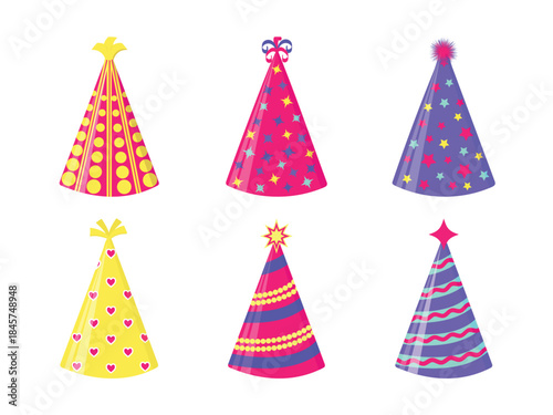 Vector set of bright colorful birthday party hats. Collection of festive caps with stars, dots and hearts patterns isolated on white  background