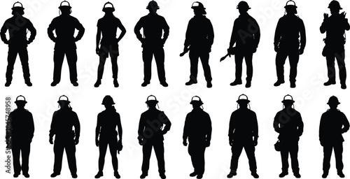 Silhouette collection of construction workers in helmets with tools, industrial laborers in uniform, vector illustration isolated on white background for safety, labor, and engineering design
