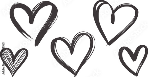 Five handdrawn black hearts in various styles white