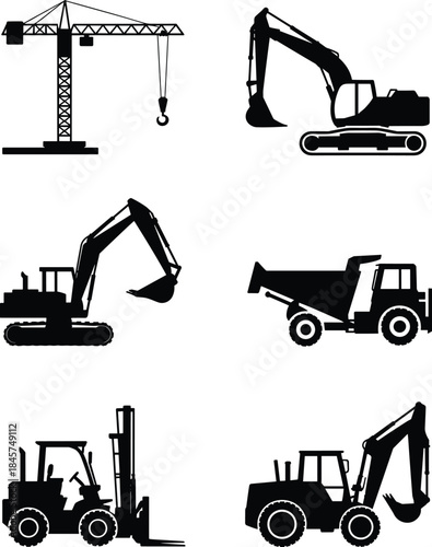Silhouette construction machinery set, heavy equipment icons, crane, excavators, dump truck, forklift, industrial vehicles, black vector illustrations, isolated on white