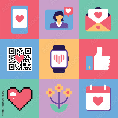 Digital love interaction icon set with message profile heart calendar like qr symbols modern flat vector illustration design
