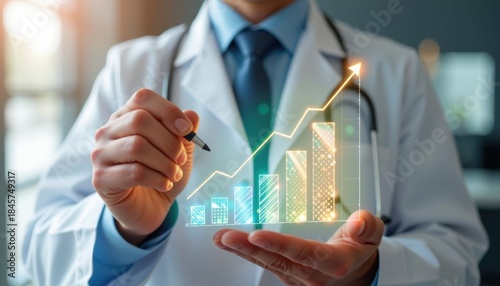 Doctor analyzing growth trends in healthcare business metrics office setting digital graphs professional perspective