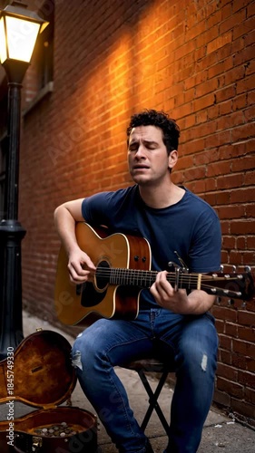 Young guitarist busker musician performing acoustic guitar street performance singing, intimate alley seat warm lamp glow with focused expression