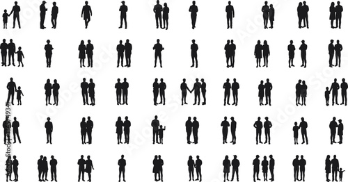 Silhouette collection of various people standing in pairs or groups, including families and children, isolated on white background, perfect for design, illustration, concept use