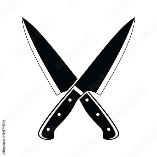 Two crossed kitchen knives with black blades and dark wooden handles