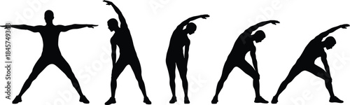 Silhouette figures demonstrating different stretching exercises with various body positions on white background