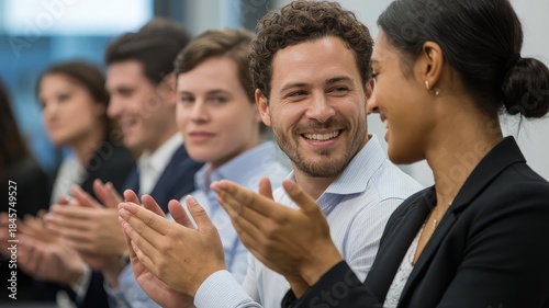 A diverse group of professionals in business attire applauding enthusiastically during a meeting or presentation.