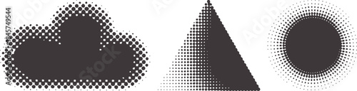 Minimalist black halftone shapes cloud triangle circle