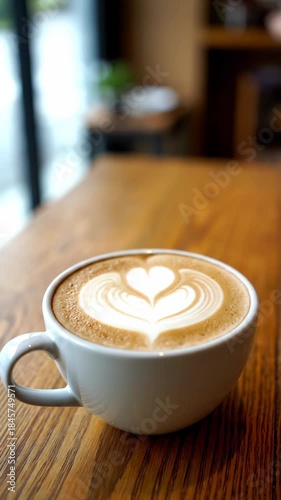 Cozy latte cup with heart latte art on wooden table coffee cup foam creamy espresso warm morning cozy cafe atmosphere cozy wooden table art