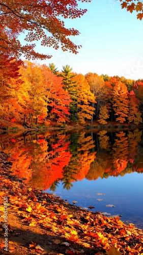 Autumn lake reflection orange and red foliage shore with fallen leaf and colorful maple leaf shoreline calm water mirror peaceful seasonal scene