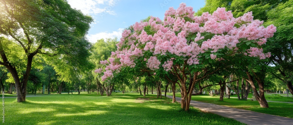 Obraz premium Charming cherry blossom tree in vibrant bloom on sunny spring day in a serene park setting surrounded by lush green grass