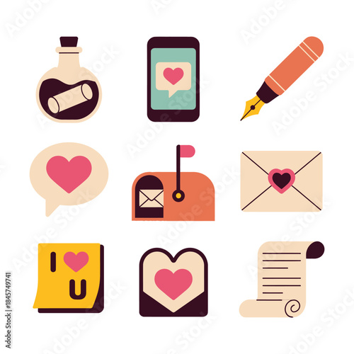 Love communication icon set with message bottle pen envelope card symbols, romantic storytelling theme, cute flat vector illustration collection