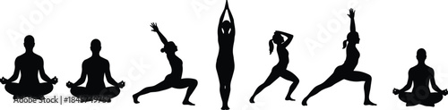 Silhouette group practicing yoga poses, meditation, fitness exercise, wellness routine, flexibility training, healthy lifestyle concept, balance mind body, vector illustration, black white graphic