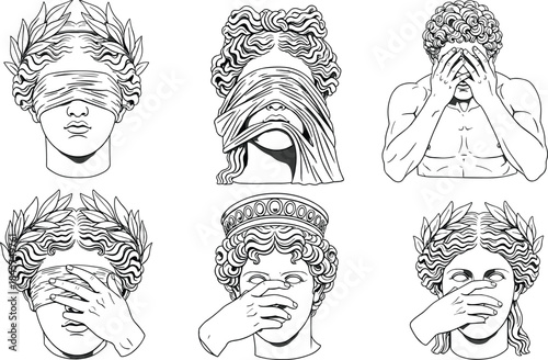 Classical statue heads with covered eyes and hands in surreal minimalist vector style, symbolic artwork representing censorship emotion mystery themes