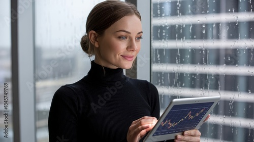 A woman in a black turtleneck is looking at a tablet with a stock market graph on it, standing near a window.