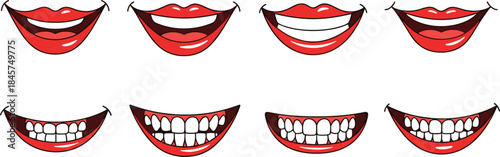 Collection of cartoon smiling mouths with different expressions, vector lips illustration showing various happy emotions for character design and communication themes