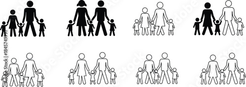 Diverse family icons in minimalist vector style showing various parent and child combinations, modern inclusive illustration for community and relationship themes