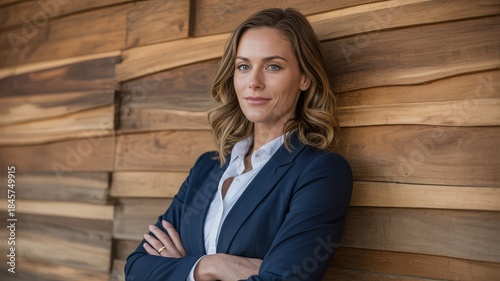 A confident businesswoman in a navy suit stands with her arms crossed against a warm wooden wall.