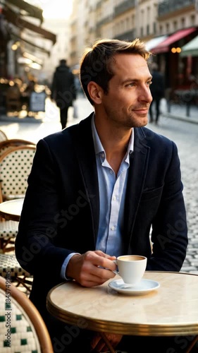 Man sitting at outdoor cafe table sipping espresso cup of coffee, smiling and relaxed on morning street scene, contemplative sidewalk cafe atmosphere