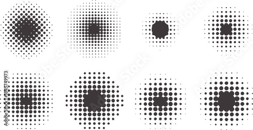 Six black circular halftone dot patterns white circles