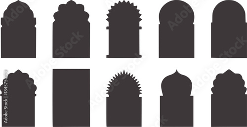 Twelve black Islamic architectural arch silhouettes white
