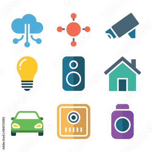 Smart home technology icon set with cloud camera sensor speaker car devices, modern automation flat vector illustration design