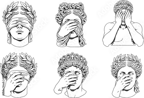 Classical statue heads with blindfolds and hands covering eyes in surreal minimalist vector style, symbolic artwork expressing mystery emotion censorship themes