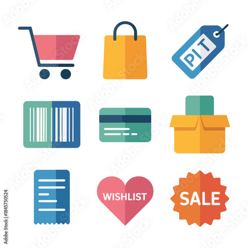 Retail commerce and product sale icon collection with barcode cart wishlist price tags flat vector illustration set design