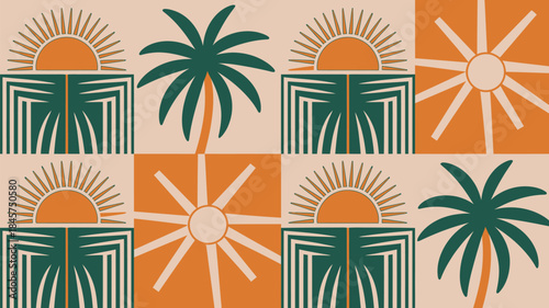 Vibrant tropical pattern with palm trees and sun designs
