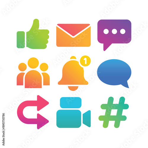 Online engagement and messaging icon collection with comments users mail thumbs up alerts, social interaction flat vector illustration design